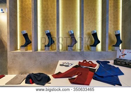 HONG KONG, CHINA - CIRCA JANUARY, 2019: interior shot of Falke shop at ifc mall in Hong Kong.