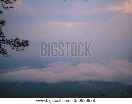 Beautiful Sunrise With  Sea Of Mist In The Early Morning On Phu Kradueng Mountain National Park In L