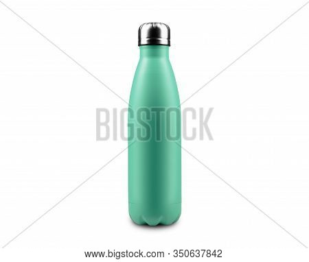 Close-up Of Reusable, Steel Thermo Eco Bottle For Water, Isolated On White Background, Color Of Aqua