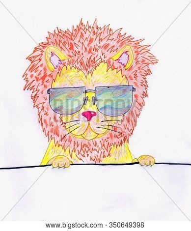Hand Drawn Lion With A Blank Paper Banner. Wearing Sunglasses. Pencil Art.