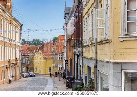 Haderslev, Denmark - June 26, 2019: Historic Houses And Little Flags In The Center Of Haderslev, Den