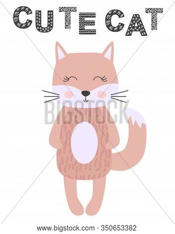 Cute Cartoon Cat Girl In Scandinavian Style. Childish Print For Nursery, Kids Apparel, Poster, Postc