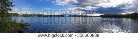 Panorama Of The Reach On The Keret River With Beautiful Clouds. Karelia, Russia, End Of June.
