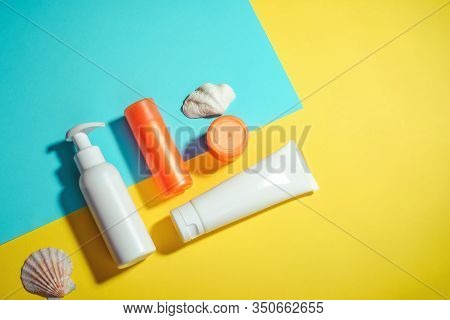 Sunprotection Objects, Suscreen. Prevention Of Photoaging. Flat Lay, Natural Cosmetics, Cream Spf Fo