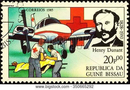 Moscow, Russia - February 13, 2020: Stamp Printed In Guinea-bissau, Shows Henri Dunant (1828-1910), 