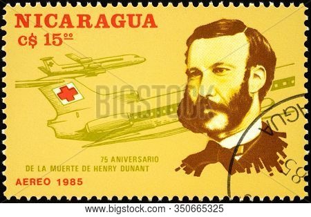 Moscow, Russia - February 13, 2020: Stamp Printed In Nicaragua, Shows Portrait Of Henri Dunant (1828