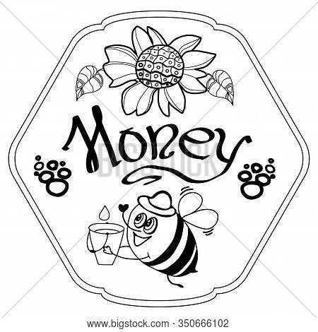 Cute Cartoon Honey Bees And Flowr - Honey Label Design. Concept For Organic Honey Products, Package 