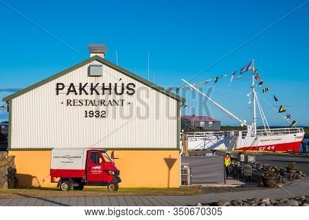 Hornafjordur Iceland - July 1. 2019: Restaurant Pakkhus In An Old Building Near The Harbor