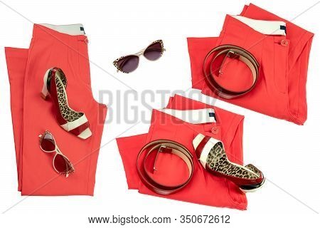 Collage Woman Clothes. Set Of Red Elegant Women Trousers Or Pants With Matching, Fashionable Red Lad