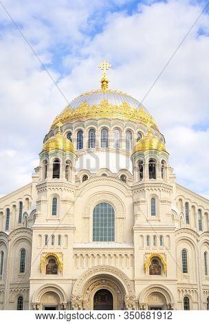 Nicholas The Wonderworkers Church On Anchor Square In Kronstadt Town Saint Petersburg. Naval Christi