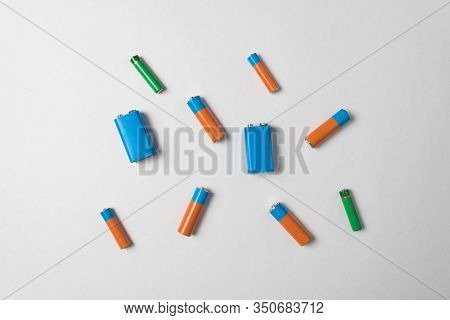 Aa, Aaa And Pp3 Batteries On White Background. Different Types Of Accumulators.
