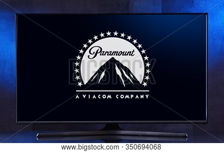 Poznan, Pol - Feb 04, 2020: Flat-screen Tv Set Displaying Logo Of Paramount Pictures Corporation, An