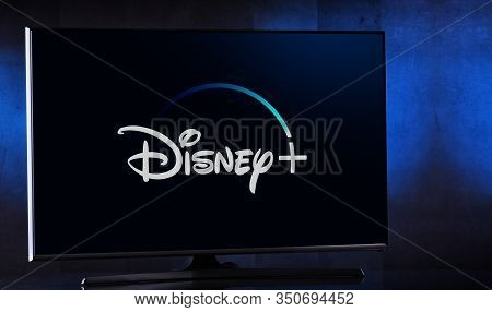 Poznan, Pol - Feb 04, 2020: Flat-screen Tv Set Displaying Logo Of Disney+, An American Subscription 