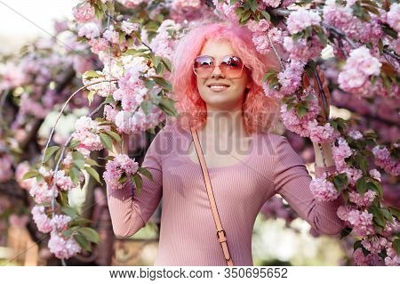 Charming Young Woman With Curly Pink Hair And Sunglasses Near The Blossoming Spring Tree.