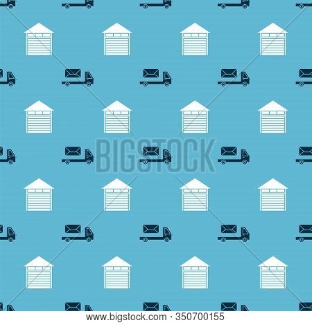 Set Post Truck And Closed Warehouse On Seamless Pattern. Vector