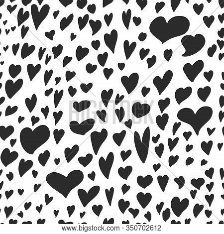 Hand Drawn Black Hearts. Seamless Pattern Black And White. Can Be Used For Wallpaper, Pattern Fills,