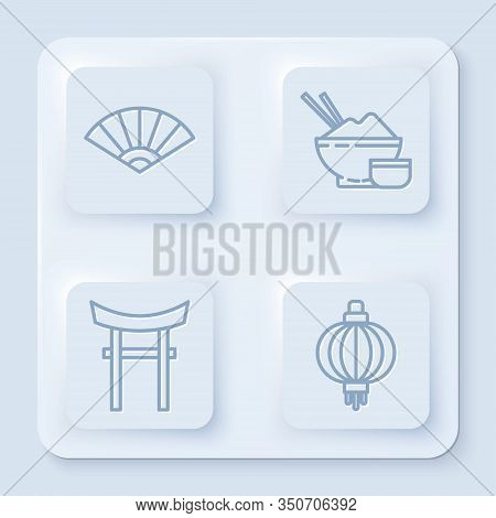 Set Line Paper Chinese Or Japanese Folding Fan, Rice In A Bowl With Chopstick, Japan Gate And Japane