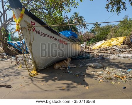 Morjim, India December 14, 2019: Empty Boat On Sandy Beach In Bright Day. Large Old White Boat On Sa