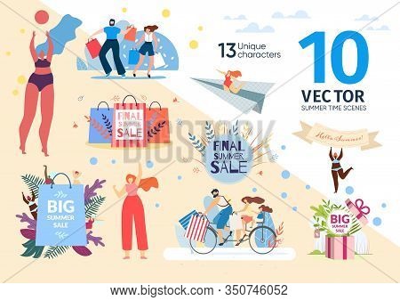 Summer Time Sales Scenes, Preparing To Vacations Season Concepts Trendy Flat Vectors Set. Happy Coup