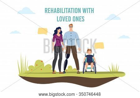 Disabled People Rehabilitation And Family Support Trendy Flat Vector Banner, Poster Template. Father