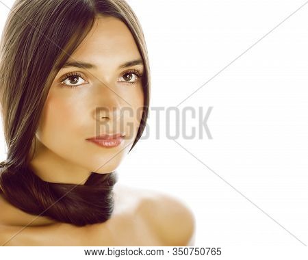 Young Fresh Brunette Tann Girl With Beauty Hairstyle Isolated On White Closeup, Soft Spa Face