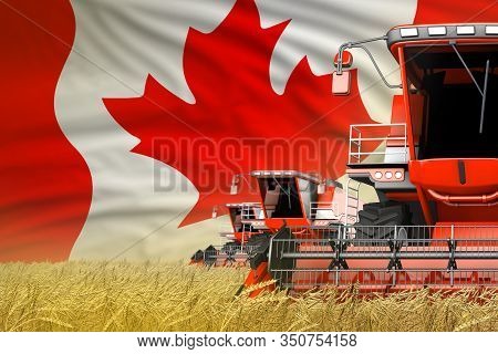 Industrial 3d Illustration Of Three Red Modern Combine Harvesters With Canada Flag On Wheat Field - 