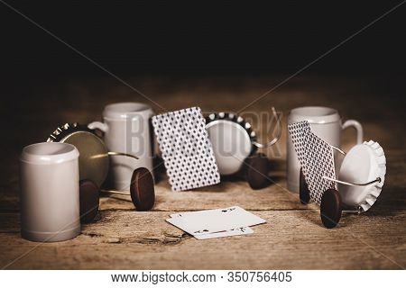 Crown Cork Miniature Figures Playing Cards With Beer Mugs Or Jugs, Funny Conceptual Scene For Promot