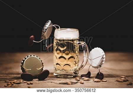Crown Cork Miniature Figures With Barley And Beer Glass, Humorous Conceptual Scene For A Pup Or Tave