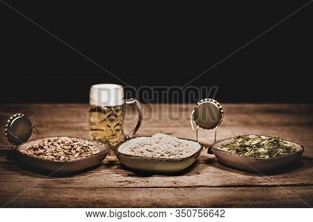 Crown Cork Miniature Figures With Barley, Hop Cones And Yeast Or Barm, Humorous Conceptual Scene Wit