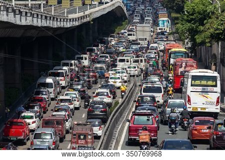 Manila, Philippines - February, 12, 2020: Heavy Traffic, Many Cars On Edsa Road In Rush Hour