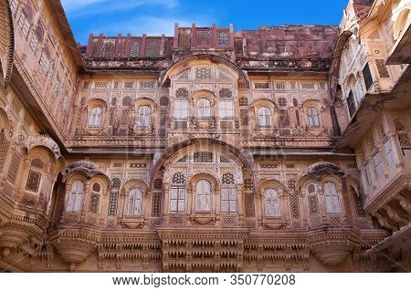Exterior Of Palace In Famous Mehrangarh Fort In Jodhpur, Rajasthan State, India. 15th Century A.d. T