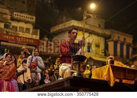 Varanasi, India - Dec 25, 2019: Ganga Aarti On The Dashashwamedh Ghat At Varanasi Uttar Pradesh Indi