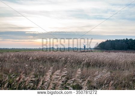 Norfolk Landscape. Agricultural Fields. Countryside View With Windmill On The Horizon At Sunset. Fla