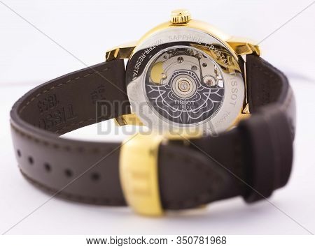 Le Locle, Switzerland 15.01.2020 - Tissot Woman Watch Stainless Steel Case, Gold Pvd Coating Leather