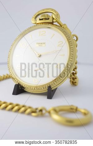 Le Locle, Switzerland 15.01.2020 - Tissot Stainless Steel Case, Gold Pvd Coating White Clock Face Di