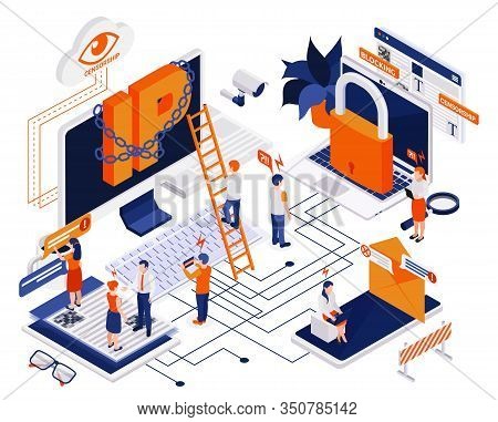 Internet Censorship Content Control Blocking Offensive Users Isometric Composition With Eye Padlock 