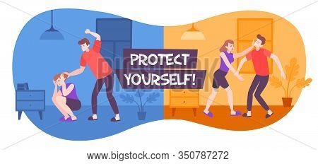 Self Defence Domestic Violence Flat Composition With Text And Indoor Views With Scenes Of Family Abu