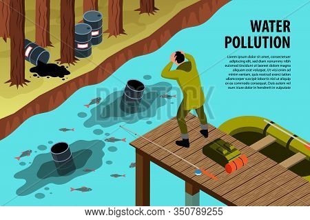 Isometric Environmental Pollution Horizontal Background With Editable Text And Well Stocked River Po