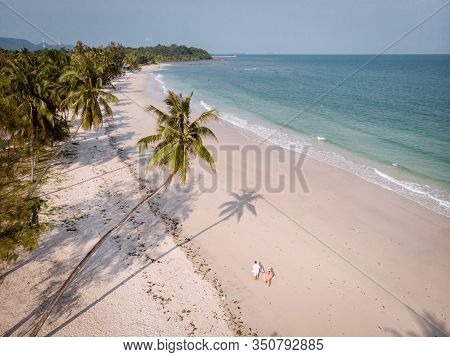Hat Thun Wua Laen Beach In Chumphon Area Thailand, Drone View From Above At The Beach With White San