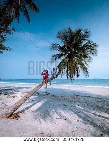 Wua Laen Beach Chumphon Area Thailand, Palm Tree Hanging Over The Beach With Couple On Vacation In T