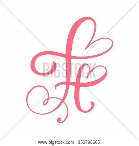 Vector Vintage Floral Monogram Letter H. Calligraphy Element Heart Logo Valentine Card Flourish Fram