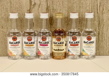 Spencer, Wisconsin, U.s.a., February, 14, 2020    Several Different Bottles Of Bacardi Rum     Bacar