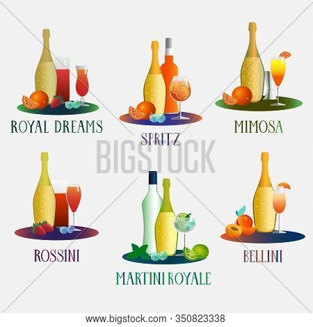 A Vector Set Of Prosecco Coctails With Their Ingredients