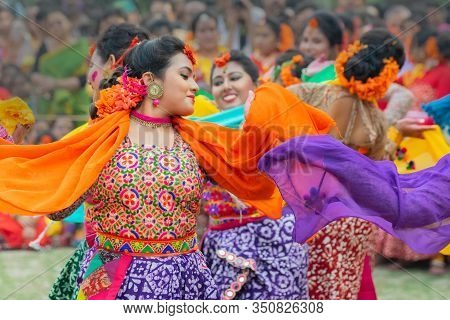 Kolkata, India - 1st March, 2018 : Beautiful Young Bengali Girls With Spring Festive Make Up , Joyfu