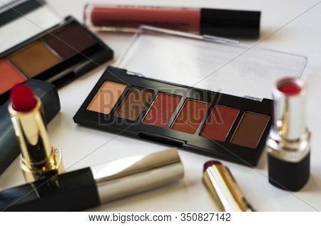 Set Of Decorative Cosmetics On White Background. Bright Set