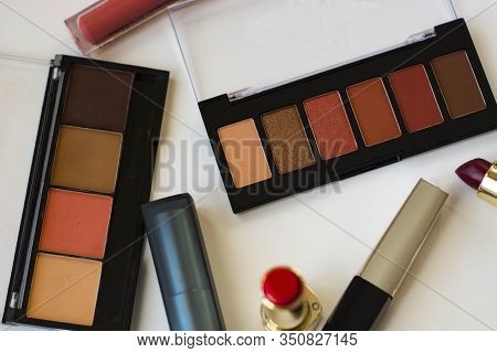 Set Of Decorative Cosmetics On White Background. Flat Lay Composition