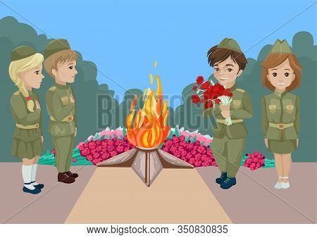 Young People In Military Uniform Stand At The Eternal Flame. Vector Illustration