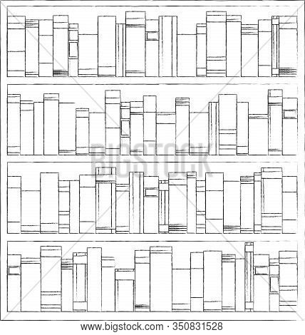 Bookshelves Full Of Books Both In The Library. Flat Vintage Black And White Vector Illustration.