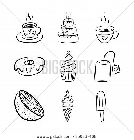 Black And White Vector Illustration In Doodle Style. A Set Of Elements. Mug With Coffee Or Tea, Cake