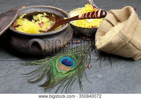 Sweet Rice Or Zarda Pulao On A Grey Background With Copy Space.